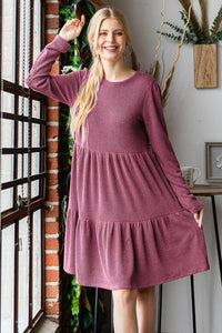 LONG SLEEVE SOLID URBAN RIBBED TIERED MINI DRESS