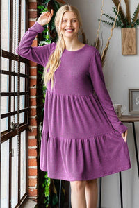 LONG SLEEVE SOLID URBAN RIBBED TIERED MINI DRESS