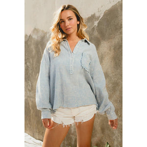 WASHED CRINKLE GAUZE HALF BUTTONED PULLOVER