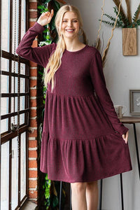 LONG SLEEVE SOLID URBAN RIBBED TIERED MINI DRESS
