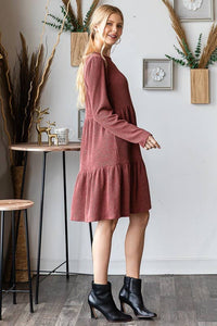 LONG SLEEVE SOLID URBAN RIBBED TIERED MINI DRESS
