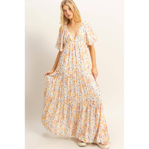 Floral V-Neck Flowy Tiered Maxi Dress
