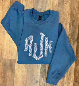 Blue Floral Applique Monogram Crewneck