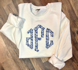 Blue Floral Applique Monogram Crewneck