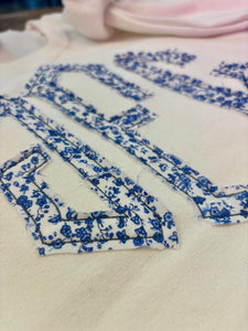 Blue Floral Applique Monogram Crewneck