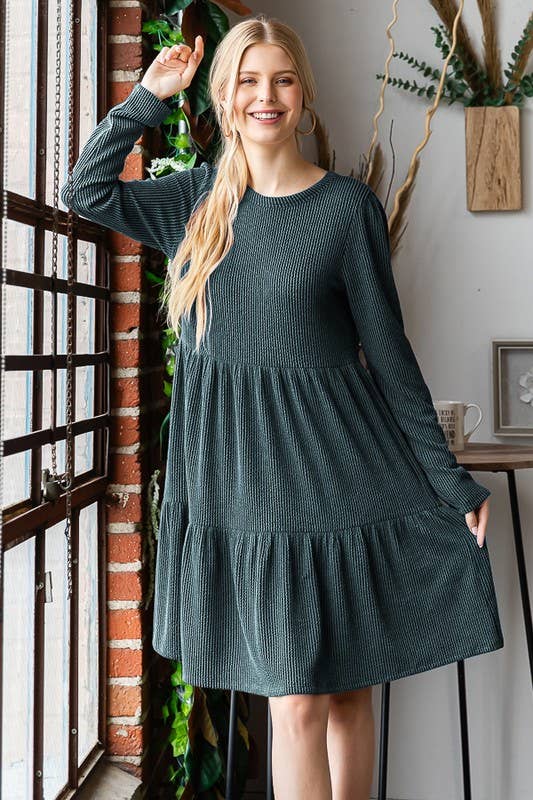 LONG SLEEVE SOLID URBAN RIBBED TIERED MINI DRESS