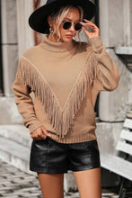 Turtle neck Fringe Sweater-KHAKI