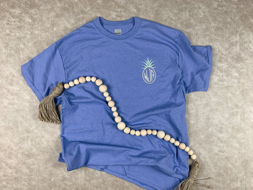 violet cotton t-shirt with pastel embroidered pineapple monogram