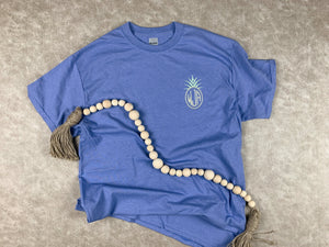 violet cotton t-shirt with pastel embroidered pineapple monogram